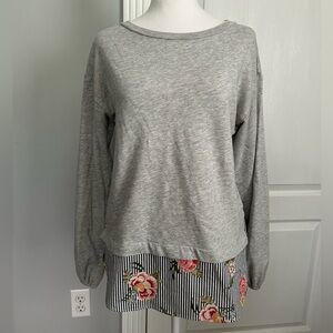 LOFT | Grey Lightweight Sweater with Striped Floral Shirt Detail | Size Small